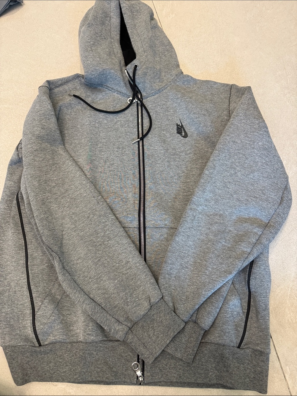 Nike Men's Grey Zip-Up Hooded Sweatshirt with Black Accents